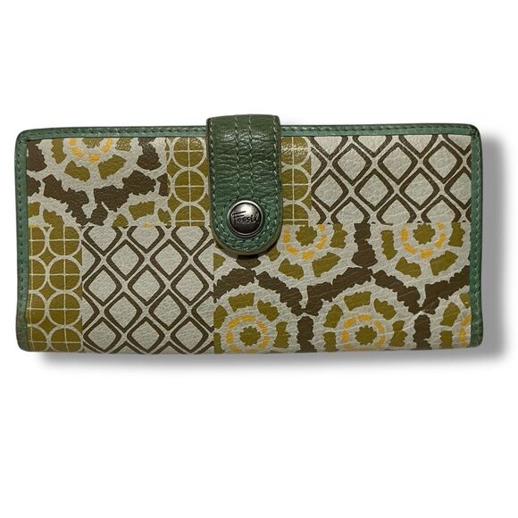 Vintage Fossil Leather Clutch Wallet Organizer What Vintage Are You Yellow Aqua - Picture 1 of 6